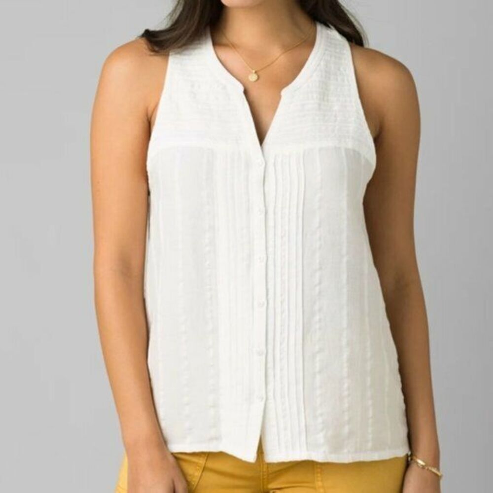 Prana White Sleeveless Pintuck Button-Front Blouse